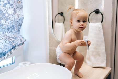 Portrait of pretty toddler girl wearing diaper standing on bathroom vanity, holding tube of toothpaste and exploring hygiene habits in playful manner. Concept on developing self-care habitsの写真素材