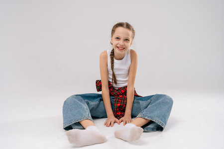 Smiling young 10 yo girl wearing jeans, shirt sitting cross-legged on white isolated background, embodying casual playfulness, looking at camera with happy expression. Concept of carefree childhood.の写真素材