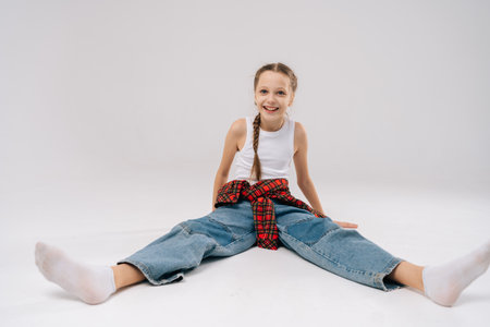 Studio portrait of cheerful preteen girl wearing jeans, white socks and sleeveless shirt, sitting on floor with legs spread out, smiling and looking at camera, in studio with white isolated backgroundの写真素材
