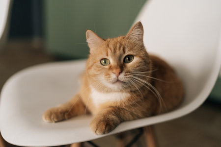 Cute ginger cat lounging on white chair, soaking up relaxation in stylish contemporary home environment, embodying comfort and tranquility in cozy interior space. Concept of pets, domestic animals.の写真素材