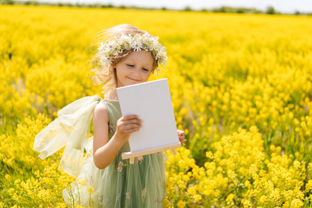 Adorable young girl wearing flower crown and fairy wings holding blank canvas on wooden easel standing posing in field of yellow flowers, enjoying sunny summer day of artistic inspiration.の写真素材