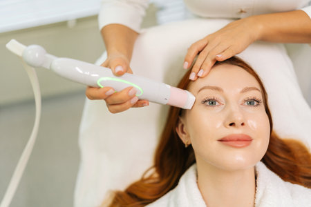 Close-up portrait of female client having mesotherapy treatment from professional beautician using...