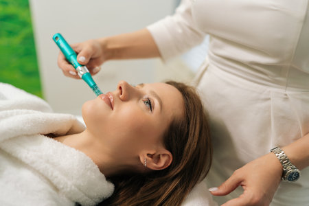Closeup face of pretty female patient receiving rejuvenation treatment in cosmetology clinic. Professional beautician performing mesotherapy treatment to woman focusing on skin rejuvenation, hydrationの写真素材