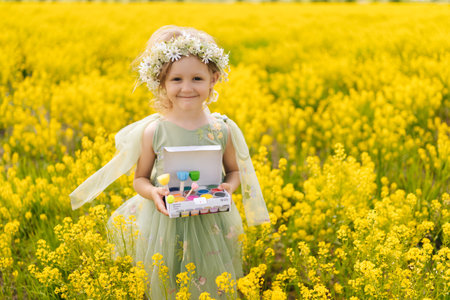 Portrait of pretty child girl in light green dress holding box of watercolors, ready to capture beauty standing in green meadow full of yellow flowers on bright sunny summer day smiling looking cameraの写真素材