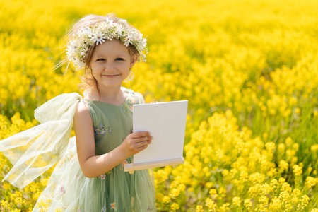 Pretty child girl wearing flower crown and fairy dress holding blank canvas on wooden easel standing posing in green meadow full of yellow flowers on sunny summer day, enjoying beautiful nature.の写真素材