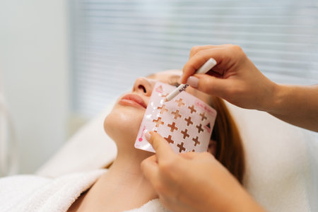 Beautician applying marks with palette on woman face preparing for cosmetic procedure in aesthetic clinic. Concept of non-surgery cosmetology, professional skincare, beauty treatment.の写真素材