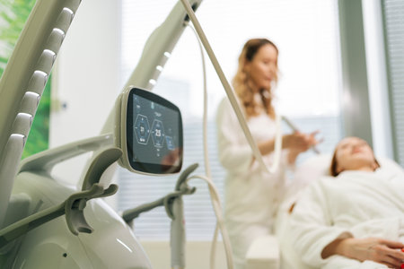 Selective focus shot of beautician performing mesotherapy treatment on female face client using specialized device, promoting skin rejuvenation through targeted microinjections in cosmetology clinic.の写真素材