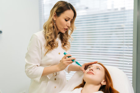 Portrait of professional beautician performing microneedling treatment with dermapen on female patient forehead, targeting skin rejuvenation enhancing collagen production, close-up, slow motionの写真素材