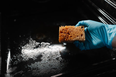 Male hand wearing blue rubber glove holding dirty sponge, scrubbing soiled gas oven covered in grease stains and splashes, tackling mess in kitchen environment. Concept of hygiene and cleanliness.の写真素材