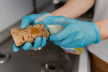 Close-up hands of unrecognizable person squeezing detergent onto sponge, getting ready to cleaning kitchen gas stove, ensuring hygienic and spotless environment. Concept of housekeeping and household.の写真素材