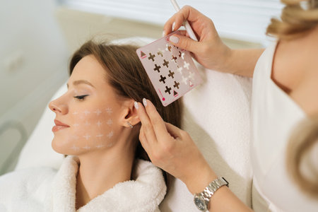 Close-up of beautician preparing patient facial skin for treatment marking grid with white pencil in...