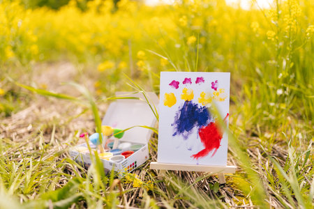 Colorful finger painting, child artwork, displayed on small easel in green meadow full of yellow flowers on sunny summer day, with drawing set nearby, evokes sense of outdoor creativity and joy.の写真素材