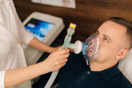 Cropped shot of skilled physician providing oxygen mask during respiratory therapy to male patient, enhancing breathing techniques and lung function. Training increases body adaptation abilities.の写真素材