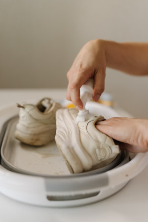 Vertical shot of cleaning white sneaker with foam cleaner, scrubbing detailed surface in basin, removing dirt and maintaining footwear with careful precision, close-up. Concept of sneakers hygiene.の写真素材