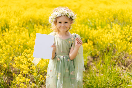 Portrait of cute child girl with flower crown smiling looking at camera, holding blank white canvas in vibrant yellow field, offering picturesque setting for mockup designs and artistic projects.の写真素材