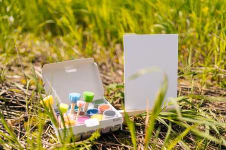 Colorful paints and brushes arranged in open drawing set with blank canvas in green meadow full of yellow flowers on sunny summer day. Concept of inspiring artistic expression amidst beauty of nature.の写真素材