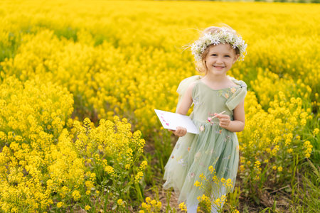 Cheerful child girl wearing flower wreath and fairy costume standing posing at blooming field during sunny summer day, drawing on canvas, enjoying beautiful nature. Concept of happiness childhood.の写真素材