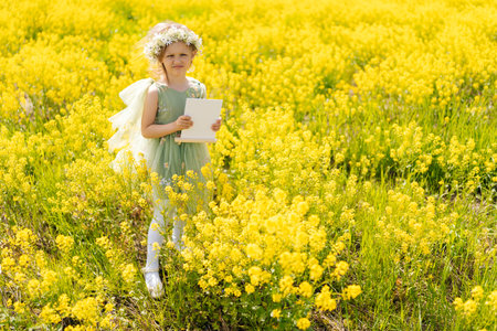 Wide shot portrait of imaginative child girl in fairy attire and floral headpiece posing with blank canvas amid golden wildflower meadow, sunlight illuminating scene, smiling looking at camera.の写真素材