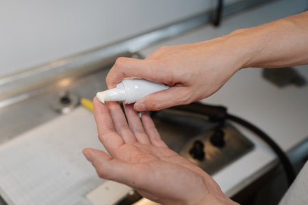 Close-up cropped shot of unrecognizable person pouring cleaning foam from bottle while standing in kitchen near dirty gas stove, preparing to tackle dirt and grime. Concept of cleaning and household.の写真素材