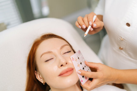 Close-up of cosmetologist using stencil to mark up woman face in preparation for anti-aging treatment in clinic of aesthetic medicine. Concept of body and health care, alternative medicine.の写真素材