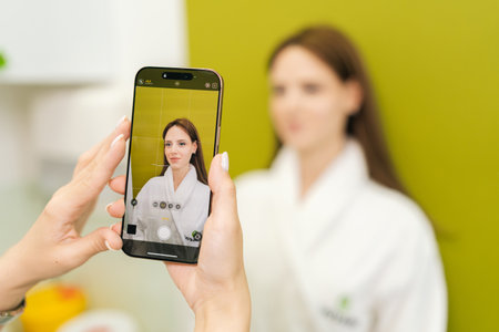 Close-up of beautician using smartphone to take photo of woman before cosmetic procedure, capturing current appearance for comparison and documentation in aesthetic clinic. Concept of beauty treatmentの写真素材