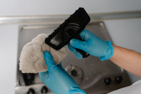 Close-up of unrecognizable man in gloves holding brush and microfiber cloth for steam cleaning dirty stainless steel gas stove, selecting best tool for sanitizing stainless steel stovetop surface.の写真素材