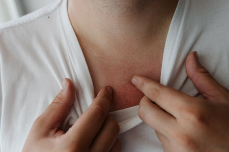 Male hands showing peeling skin on chest after sunburn, highlighting skin damage and health risks associated with excessive sun exposure, close-up. Concept of importance protective sunscreen.の写真素材
