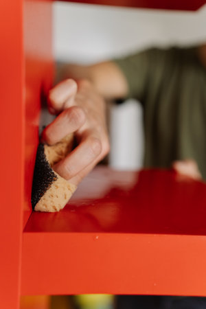 Cleaning company worker cleaning wiping red shelf surface using wet sponge and detergent ensuring spotless and hygiene at home, close-up. Concept of hygiene and cleanliness in domestic environment.の写真素材