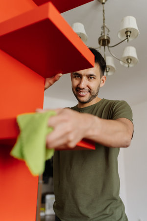 Vertical portrait of positive young man cleaning shelf holding rag smiling looking at camere, ensuring dust-free and spotless surface for books and decorative items, enhancing hygiene at home.の写真素材