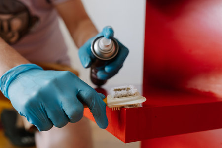 Close-up cropped shot of unrecognizable man wearing blue protective gloves removing adhesive stains, scrubbing red wooden shelf with small brush during detailed cleaning process at home, closeup.の写真素材