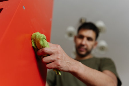 Shooting from below of young man cleaning shelf with rag, ensuring dust-free and spotless surface for books and decorative items, enhancing organization and hygiene at home. Concept of household.の写真素材