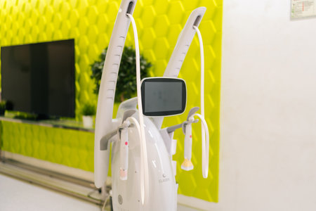 Ufa, Russia - 10 April 2025. New professional cosmetology machine for mesotherapy treatment placing in modern beauty clinic. Concept of non-surgery cosmetology, professional skincare, no people.の写真素材