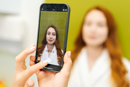 Close-up of cosmetologist using smartphone to take photo of woman before cosmetic procedure,...
