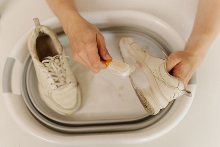 Close-up top view of unrecognizable man cleaning white sneaker with brush and cleaning foam,...