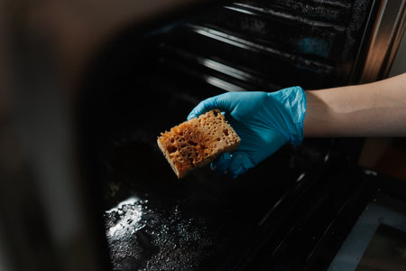 Close-up cropped shot of male hand in blue rubber glove holding dirty sponge, scrubbing soiled gas oven covered in grease stains and splashes, tackling mess in kitchen environment, closeup.の写真素材