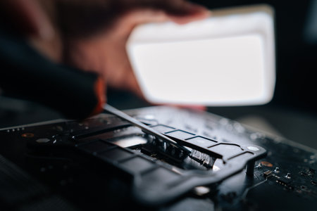 Close-up cropped shot of repairman using screwdriver to remove old thermal paste from CPU socket of...