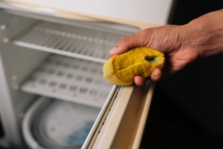 Hand cleaning refrigerator door seal with yellow sponge, focusing on detailed sanitation and...