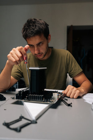 Vertical portrait of focused computer technician installing CPU cooler on motherboard with...