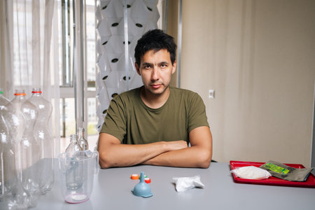 Portrait of confident biologist sitting at table, crossing arms while mixing fertilizer from...