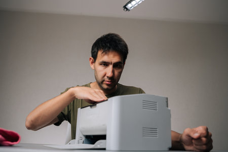 Portrait of young man wiping laser printer with microfiber cloth, performing regular maintenance to...