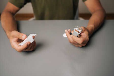Close-up cropped shot of unrecognizable man maintaining personal device hygiene, disinfecting modern...