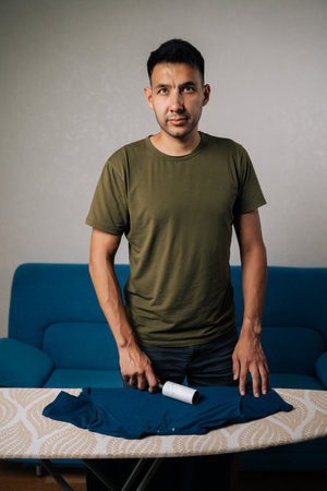 Vertical portrait of handsome man removing lint from blue t-shirt using roller, preparing clothing for pressing, looking at camera. Concept of domestic work, housekeeping and household.の写真素材