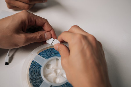 Close-up of technician hands connecting RGB led strip light to connector, preparing for installation...