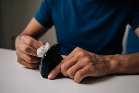 Close-up cropped shot of man cleaning modern black vertical mouse with disinfectant wipe, promoting hygiene and preventing spread of germs, sitting at white table in workplace or home office.の写真素材