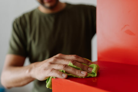 Cropped shot of housekeeper male cleaning red shelf with rag and detergent, ensuring spotless and dust-free surface in cleaning routine, close-up. Concept of domestic work, housekeeping and household.の写真素材