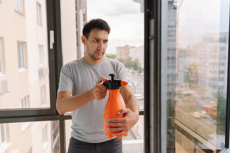 Front view of janitor male spraying cleaning solution onto large window, preparing to wipe and polish to sparkling shine, ensuring clear and unobstructed view of city outside.の写真素材