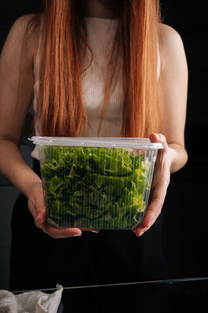 Vertical cropped shot of woman holding transparent container filled with crisp green lettuce, preparing ingredients in kitchen workspace, close-up. Concept of healthy sustainable cultivation.の写真素材