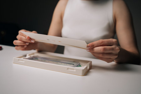 Close-up of woman opening screen protector kit, preparing to install protective glass film on...