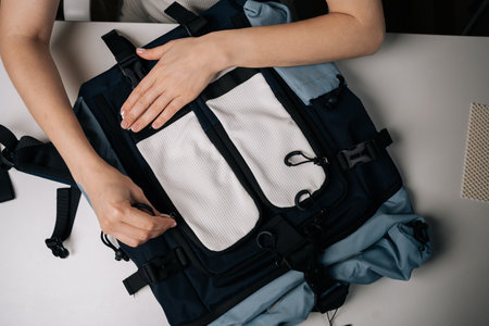High-angle view of female hands adjusting straps and compartments of modern stylish urban backpack on white table, showcasing design and functionality. Concept of organization and travel essentials.の写真素材