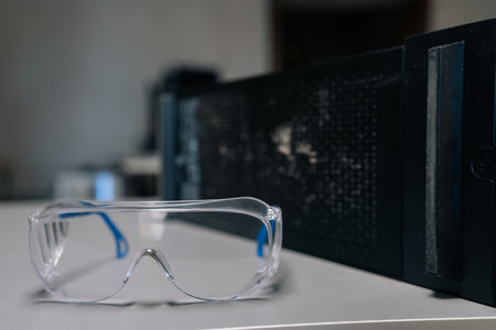 Transparent protective glasses lying on table in front of dirty computer, suggesting need for cleaning and maintenance to ensure optimal performance and hygiene, close-up, no people, nobody.の写真素材